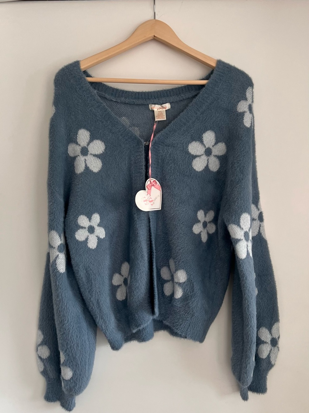 Sweet Stories Blue Fuzzy Daisy Cardigan Sweater XL Coquette Soft Girl Floral